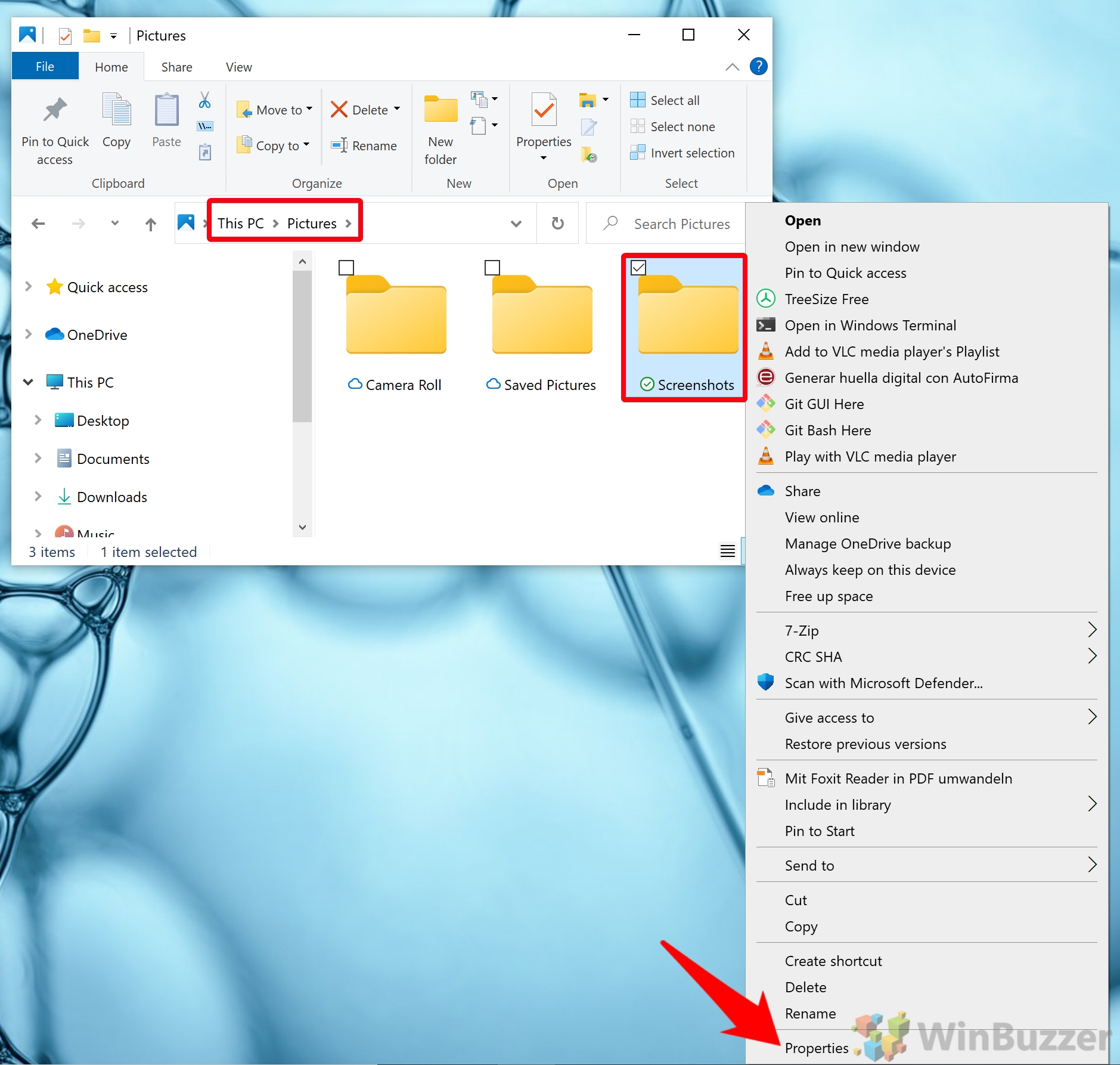 Windows 10 - Screenshots folder - Properties