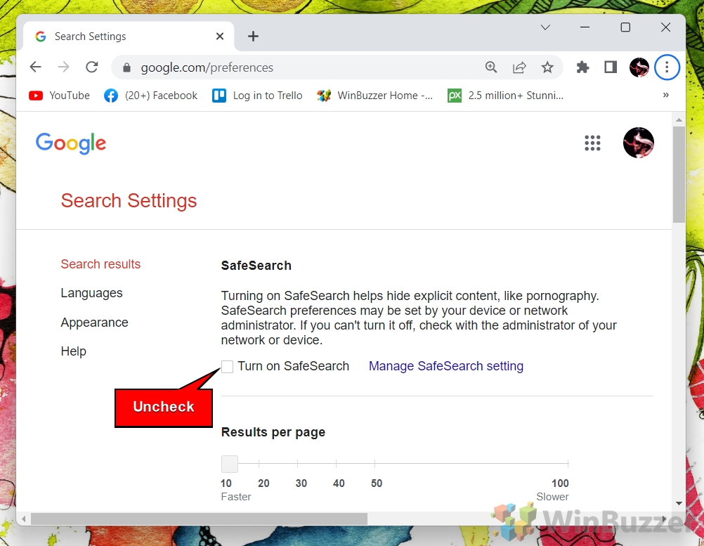 Windows 11 - Google Preferences - Turn Off SafeSearch