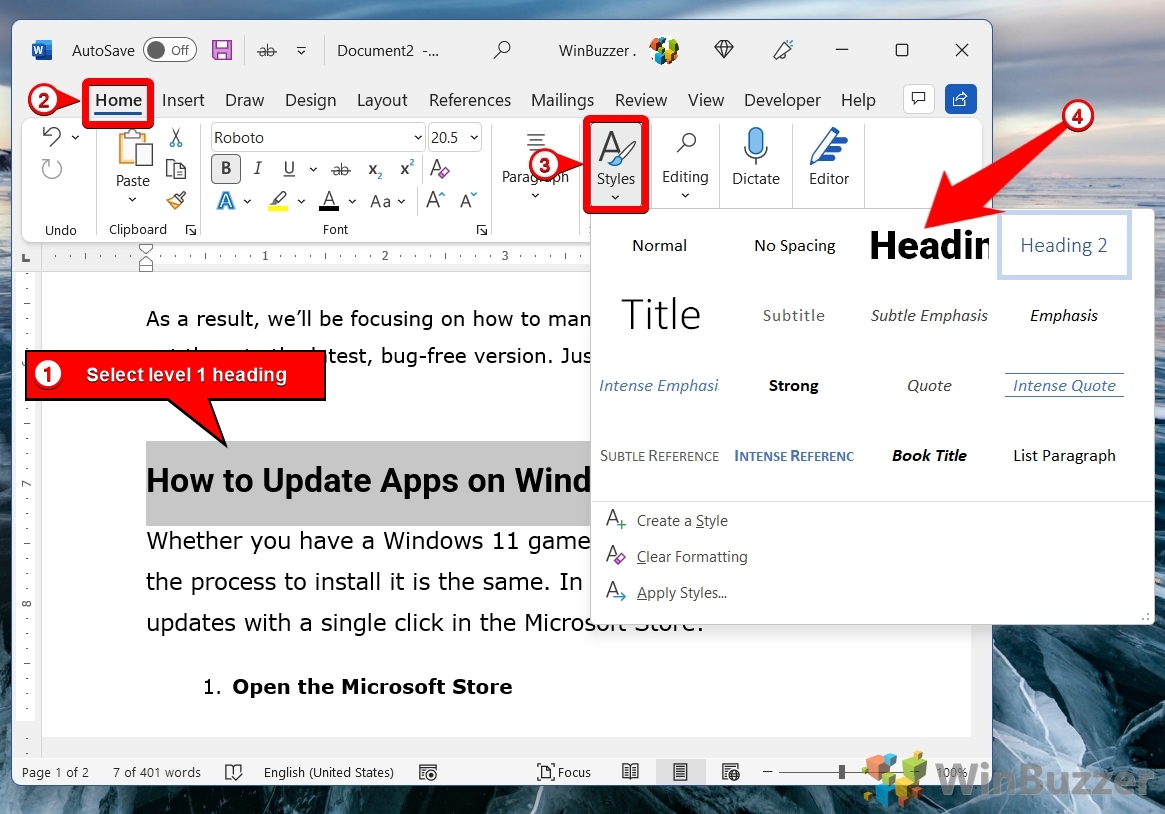 Windows 11 - Word - Select Heading 1 - Home - Styles - Heading 1