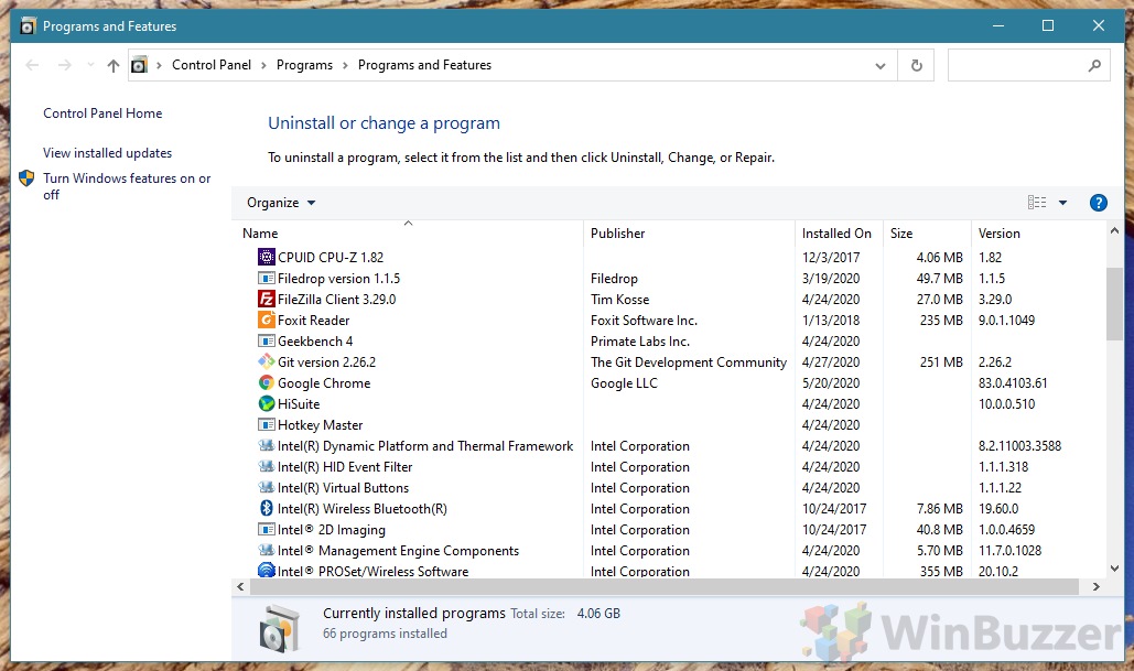Windows 10 - Control Panel - Uninstall or change a program