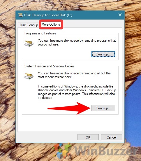Windows 10 Disk cleanup - more options - clean up system restore points