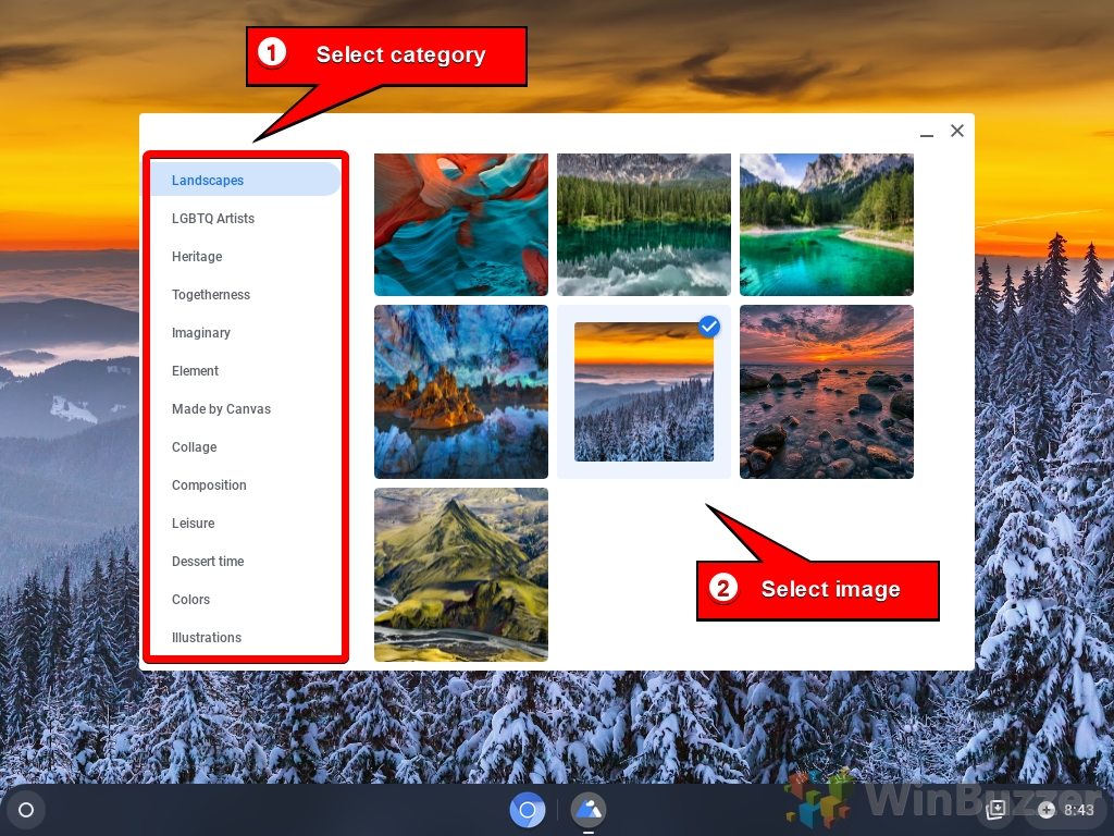 Chromebook - Desktop - Context Menu - Set Wallpaper - Select Category - Select Image
