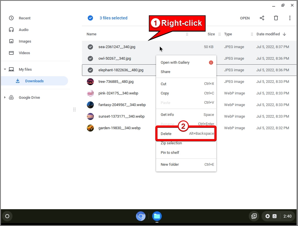 Chromebook - Select Files - Right-click - Delete
