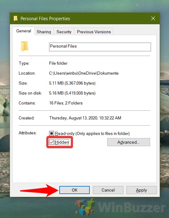 Windows 10 - File Explorer - Select Folder - Properties - Atributes Hidden