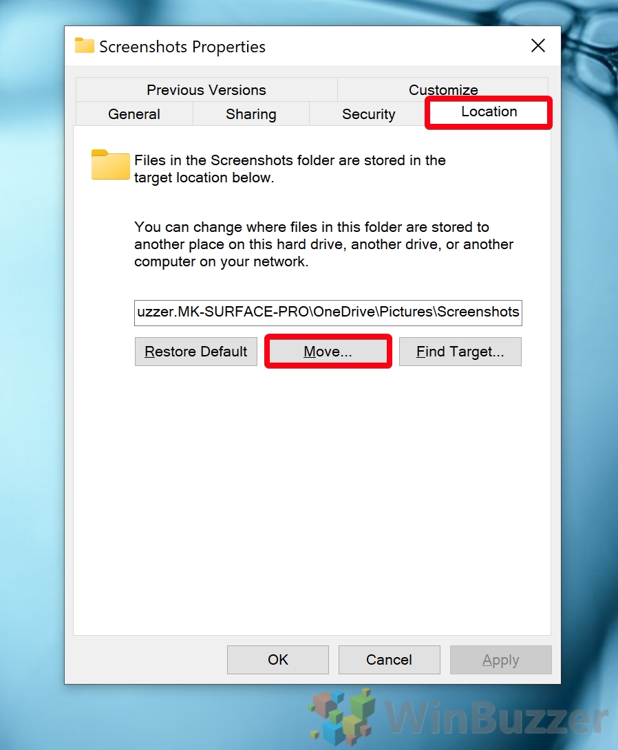 Windows 10 - Screenshots folder - Properties Location - Move