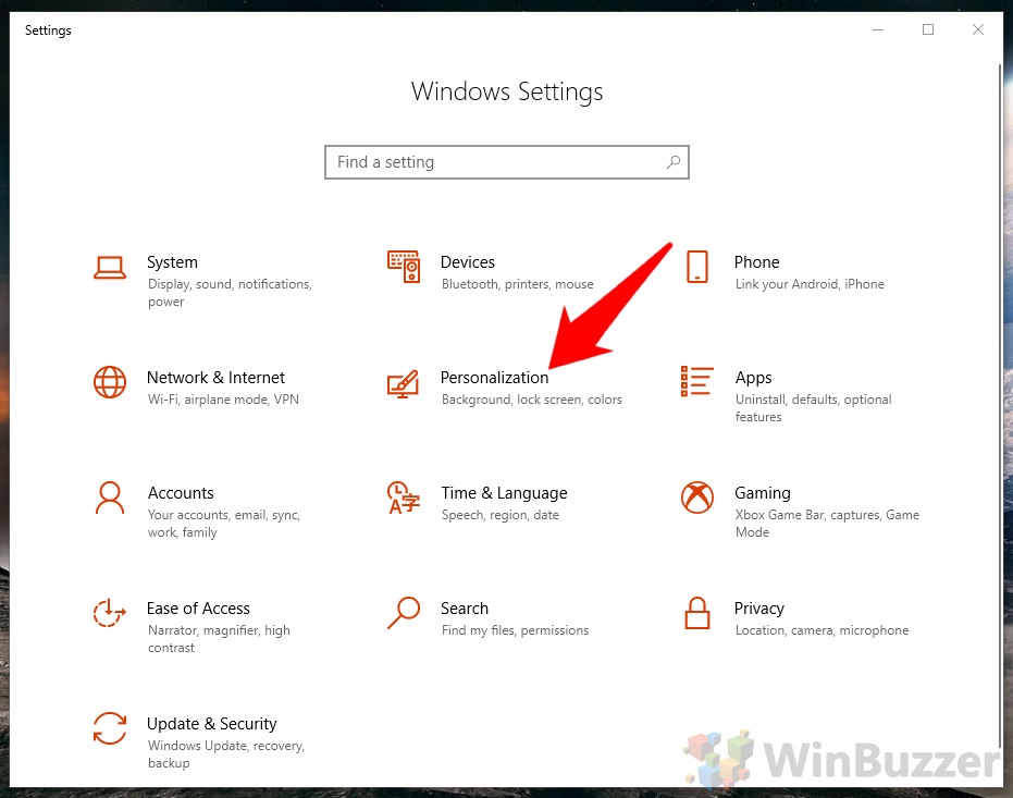 Windows 10 - Settings - Open Personalizatoin