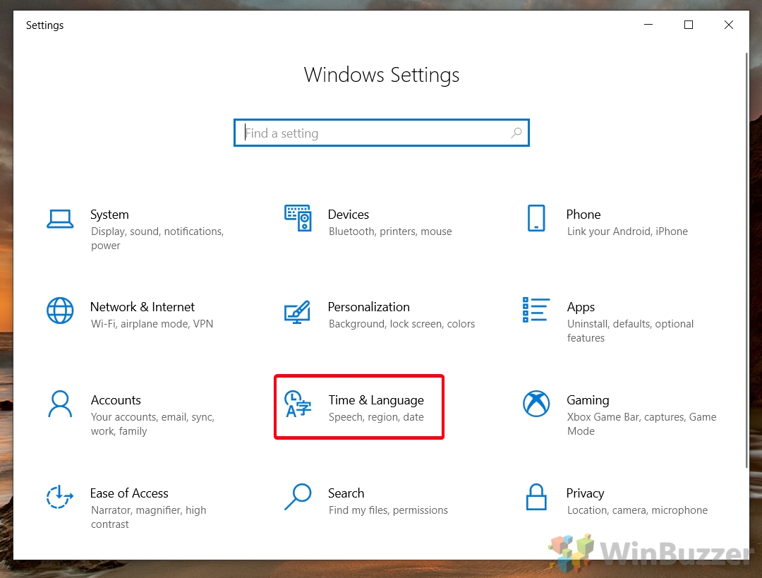 Windows 10 - Settings - Open Time & Languaje