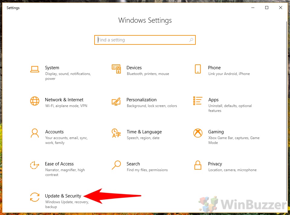 Windows 10 - Settings - Open Update & Security