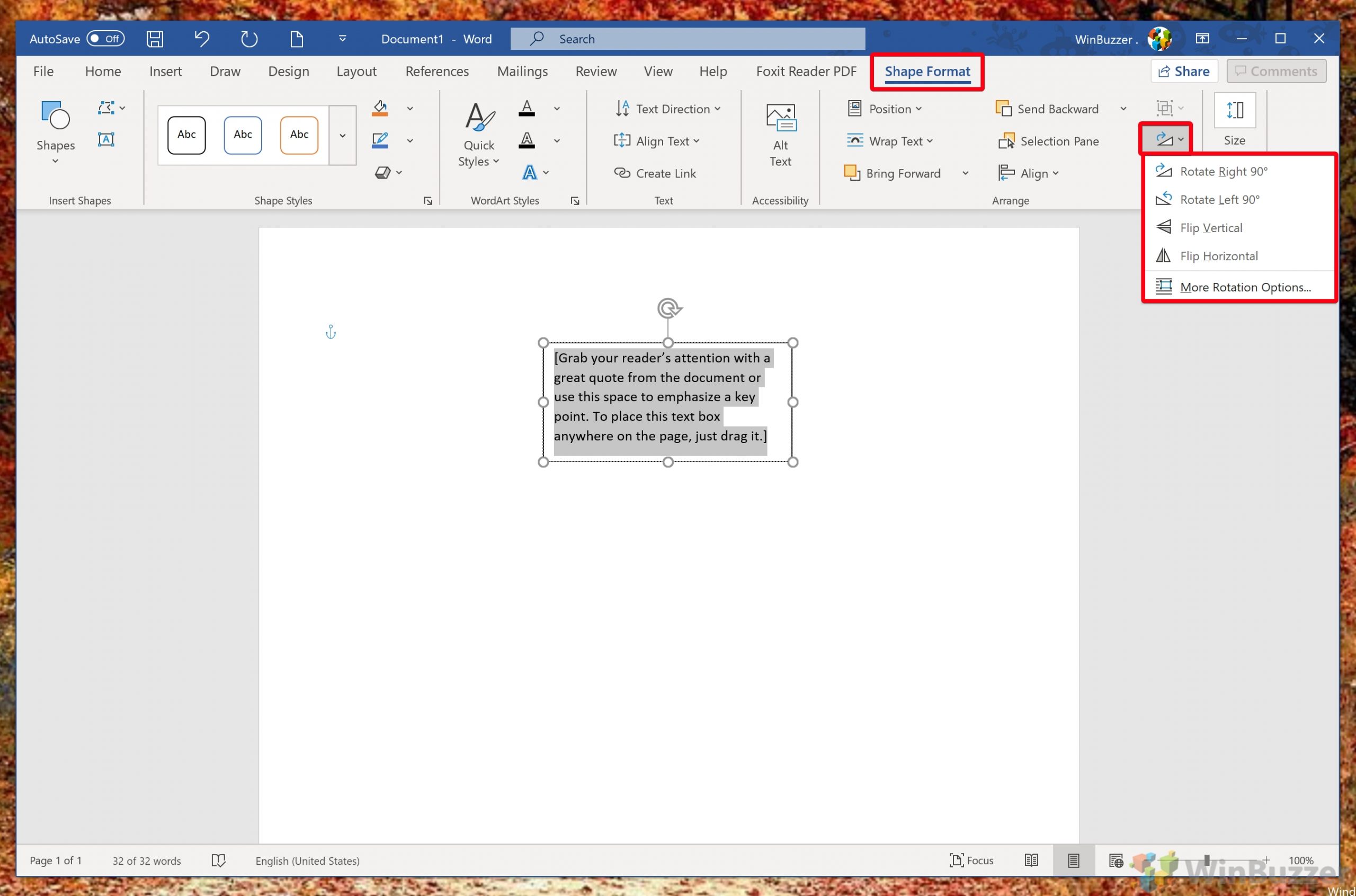 Windows 10 - Word - Text Box - Shape Format - Rotate