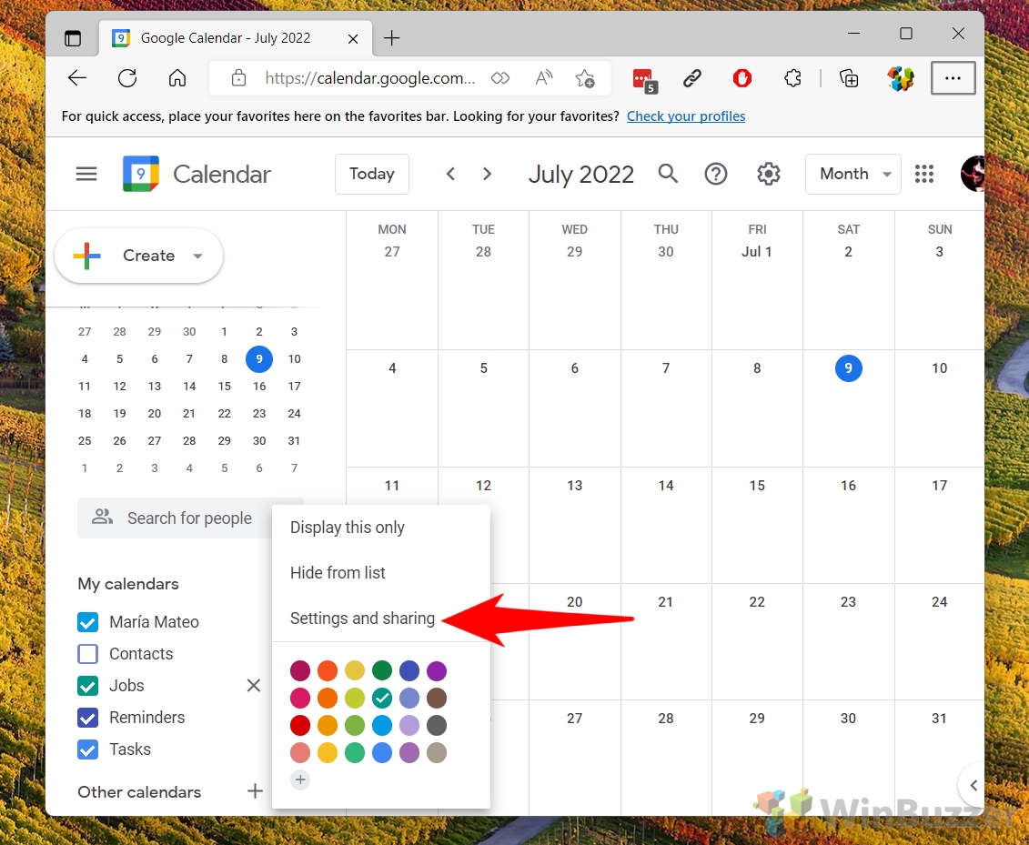 Windows 11 - Google Calendar - My Calendars - Settings & Shering