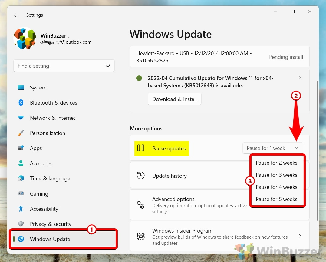 Windows 11 - Settings - Windows Update - Pause Updates