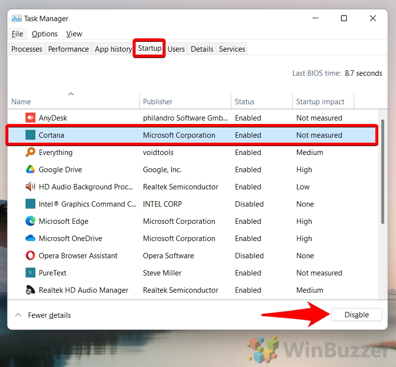 Windows 11 - Task Manager - Startup - Choose Item - Disable