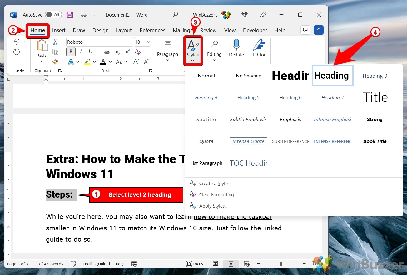 Windows 11 - Word - Select Heading 2 - Home - Styles - Heading 2