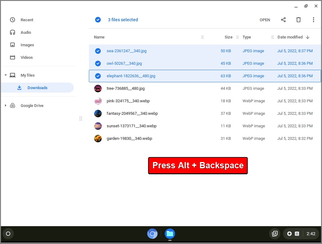 Chromebook - Select Files - Alt+Backspace