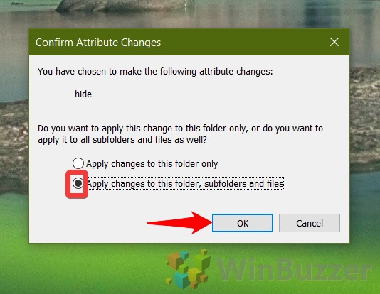 Windows 10 - File Explorer - Select Folder - Properties - Atributes Hidden - Confirm it