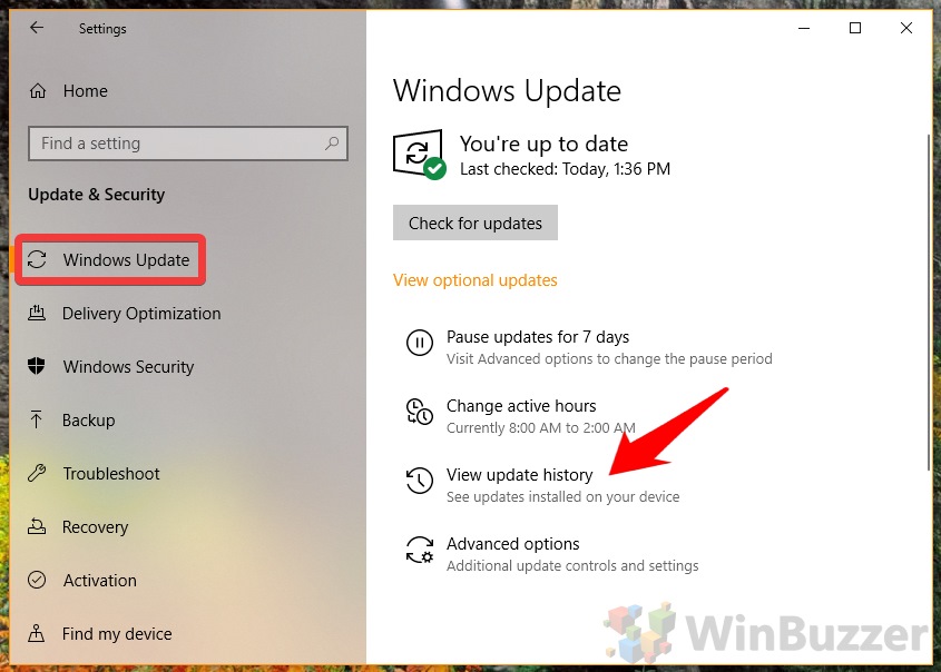 Windows 10 - Settings - Update & Security - Windows Update - Open View Update History