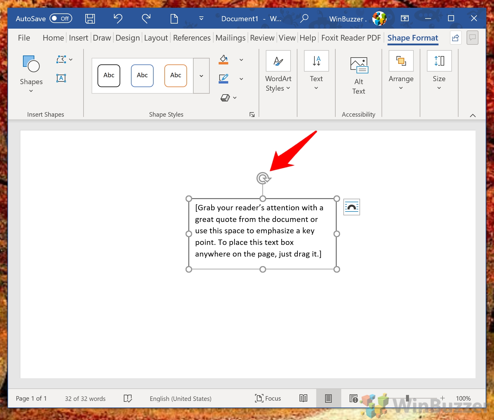 Windows 10 - Word - Text Box - Manual Rotation