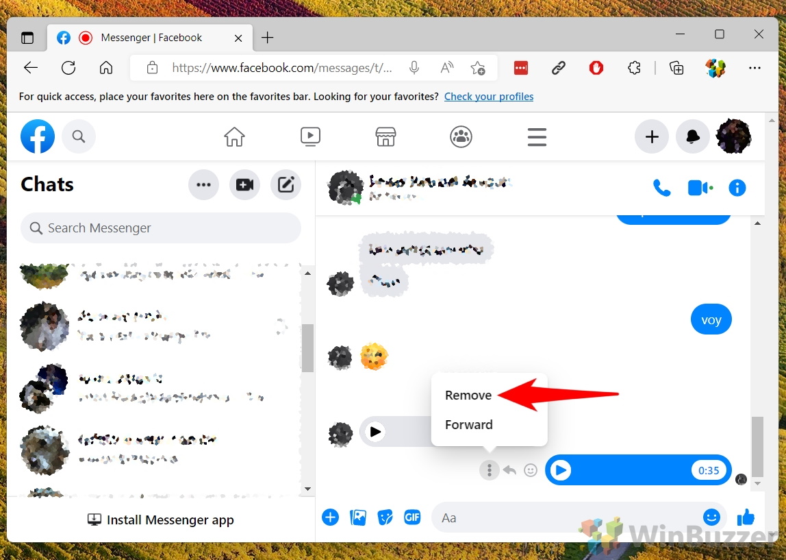 Windows 11 - Facebook - Messenger - See All - Select Chat - Message - 3dots - Remove