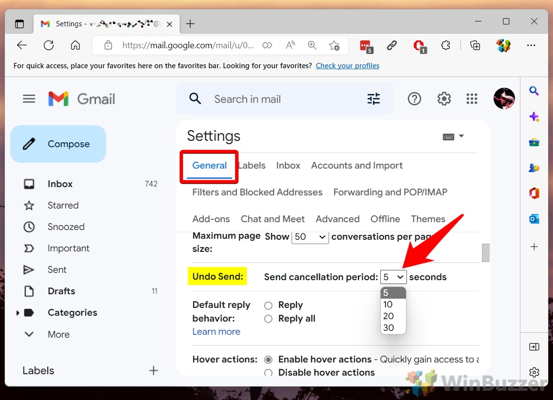 Windows 11 - Gmail - Settings Icon - See All Settings - General - Send Cancellation Period