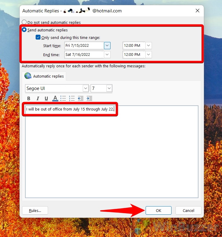 Windows 11 - Outlook - File - Automatic Replies - Set Replies - Save