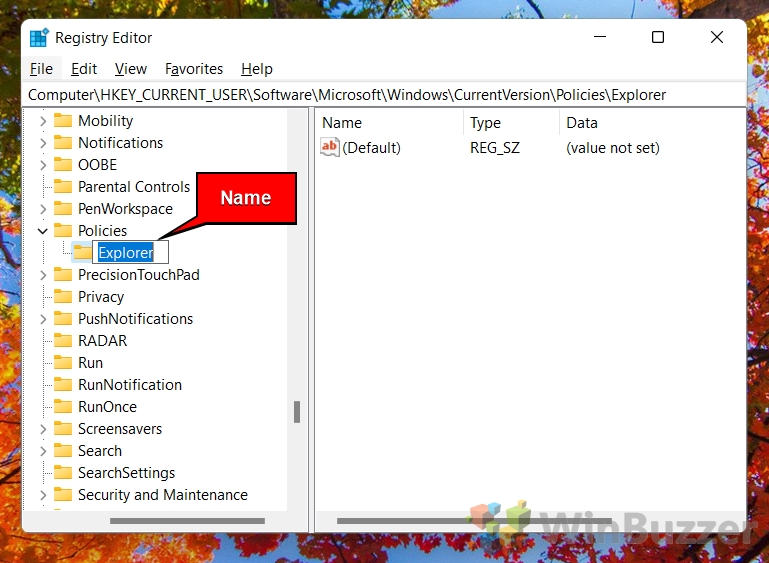 Windows 11 - Registry Editor - Policies - New Key - Name - Explorer