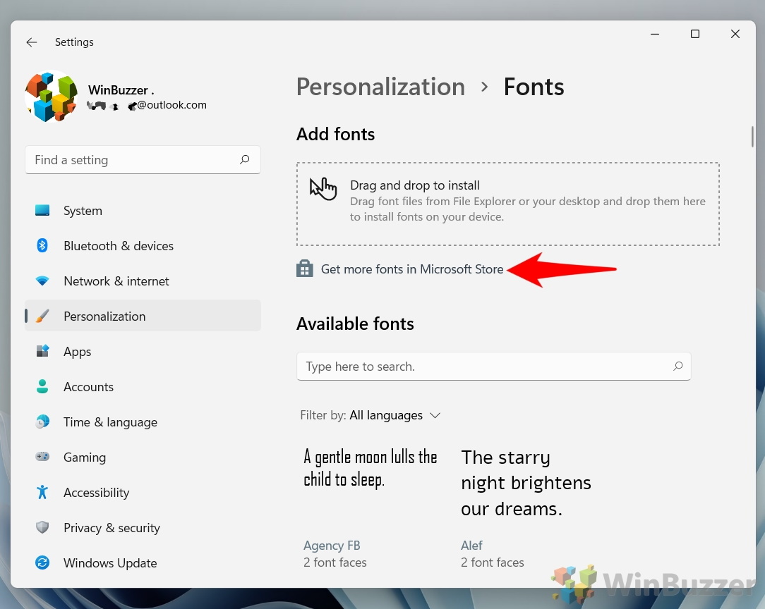 Windows 11 - Settings - Personalization - Fonts - Get More
