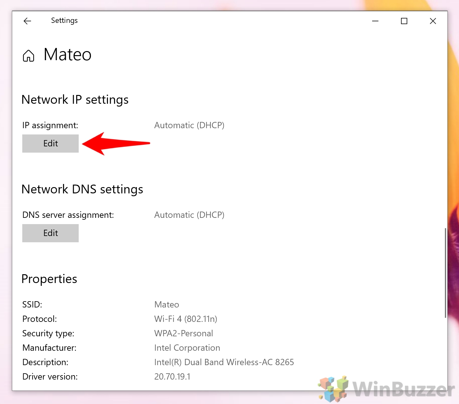 Windows 10 - Settings - Network & Internet - Wifi - Edit IP Assignment