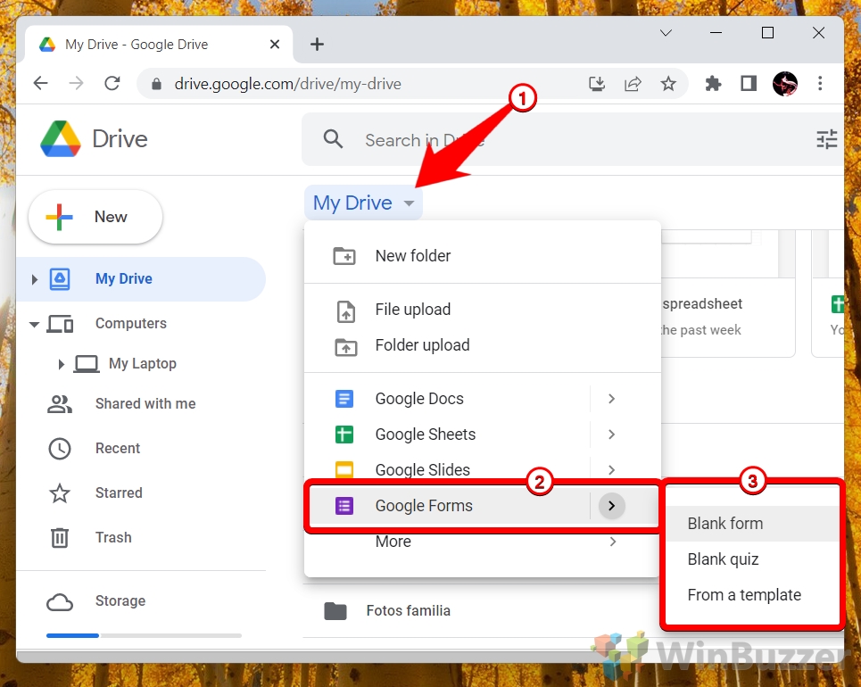 Windows 11 - Google Drive - My Drive - Google Forms - Choose