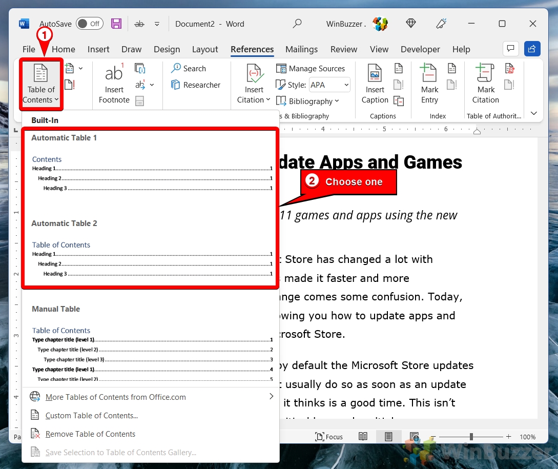 Windows 11 - Word - References - Table of Contents - Choose