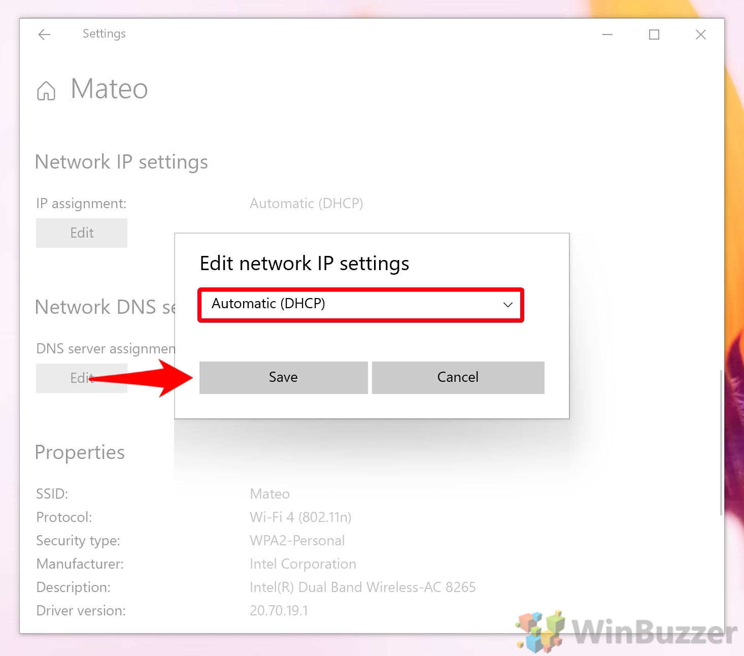 Windows 10 - Settings - Network & Internet - Wifi - Edit IP Assignment - Automatic