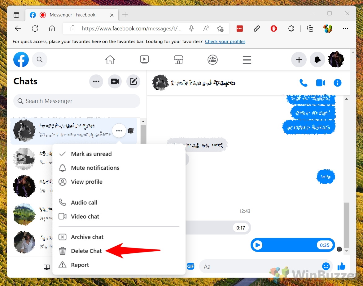 Windows 11 - Facebook - Messenger - See All - Select Chat - 3Dots - Delete Chat