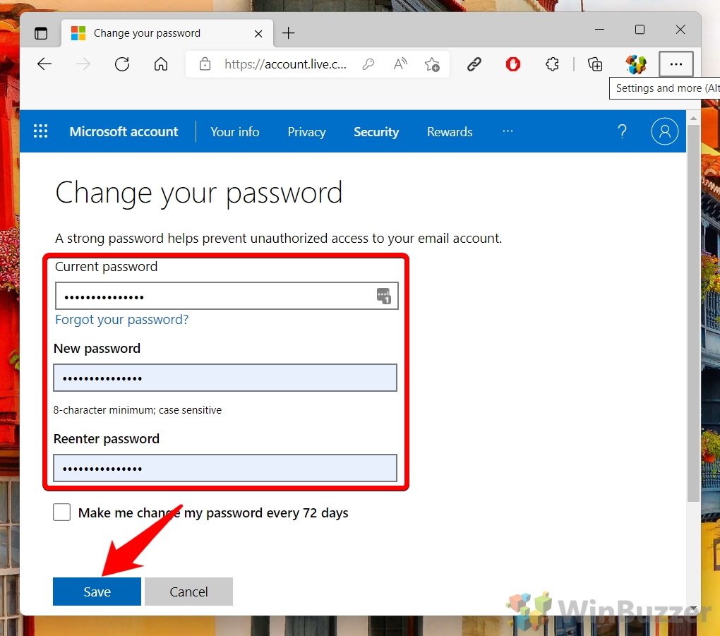 Windows 11 - Microsoft Account Security Page - Change your Password - Save
