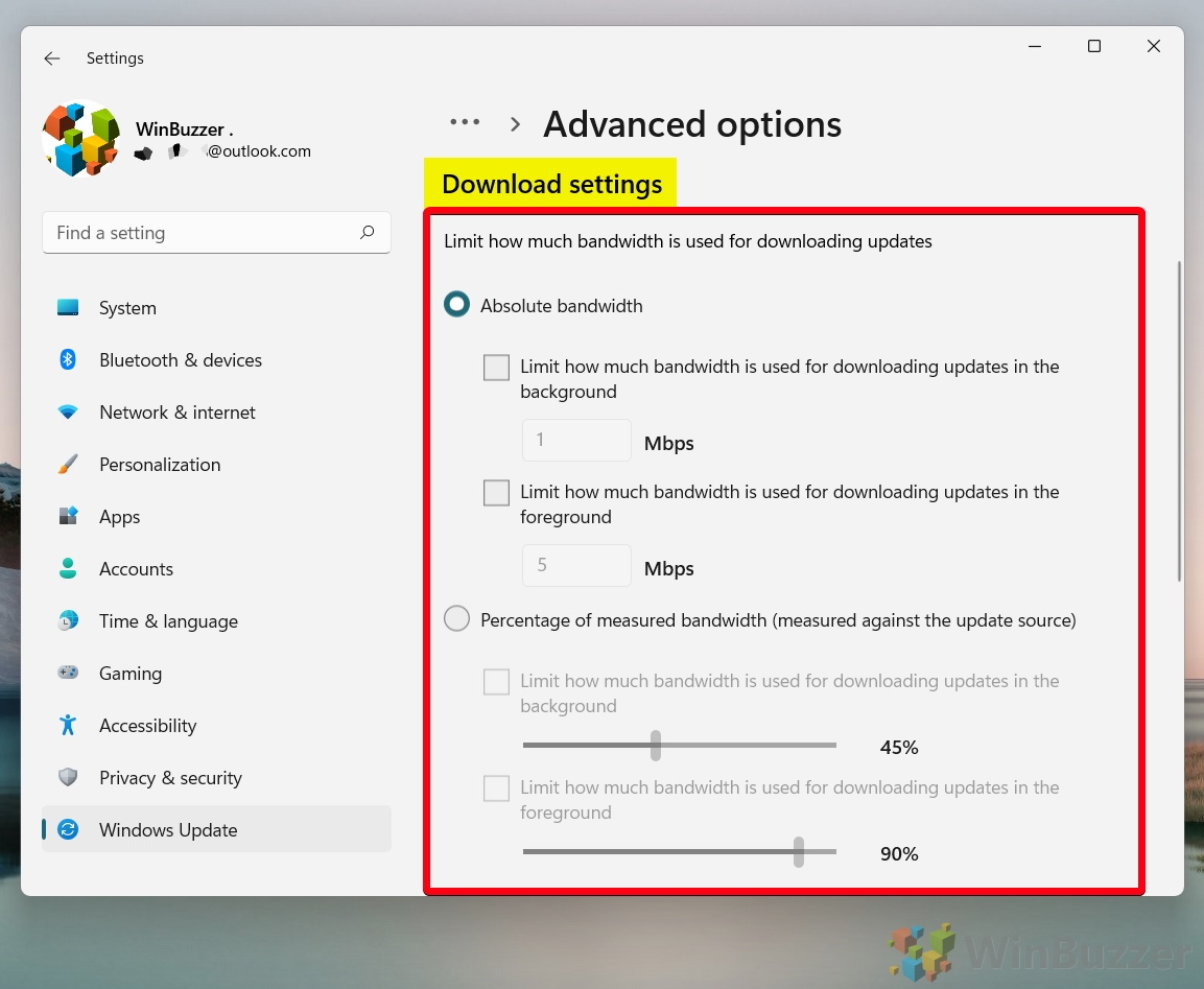 Windows 11 - Settings - Windows Update - Advanced Options - Delivery Optimization - Advanced Options - Download Settings