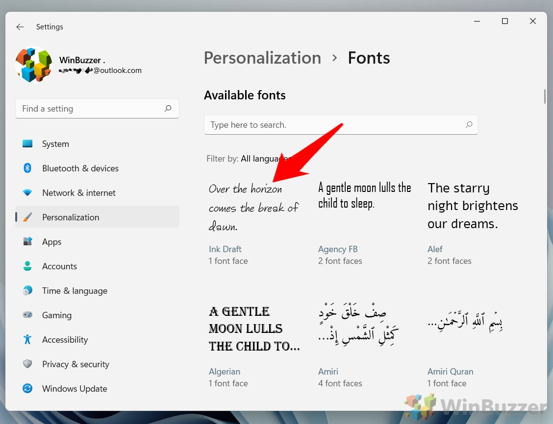 Windows 11 - Settings - Personalization - Fonts - Get More - Microsoft Store - Choose One - Get - Result
