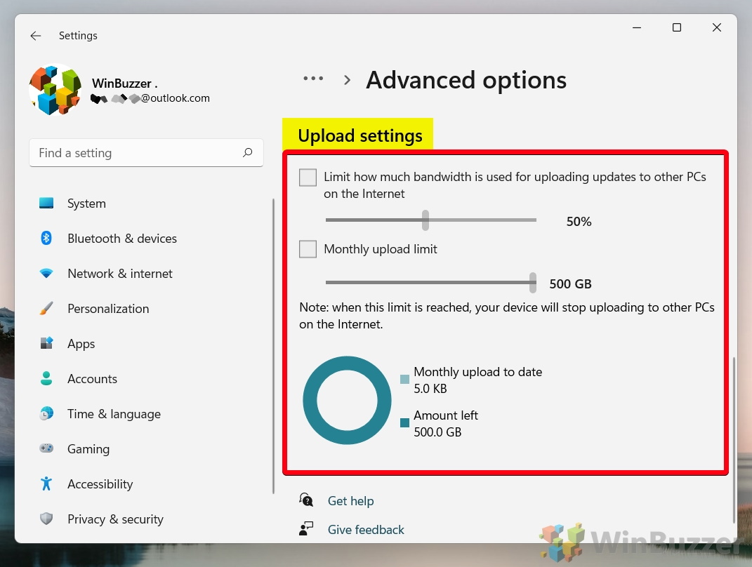 Windows 11 - Settings - Windows Update - Advanced Options - Delivery Optimization - Advanced Options - Upload Settings