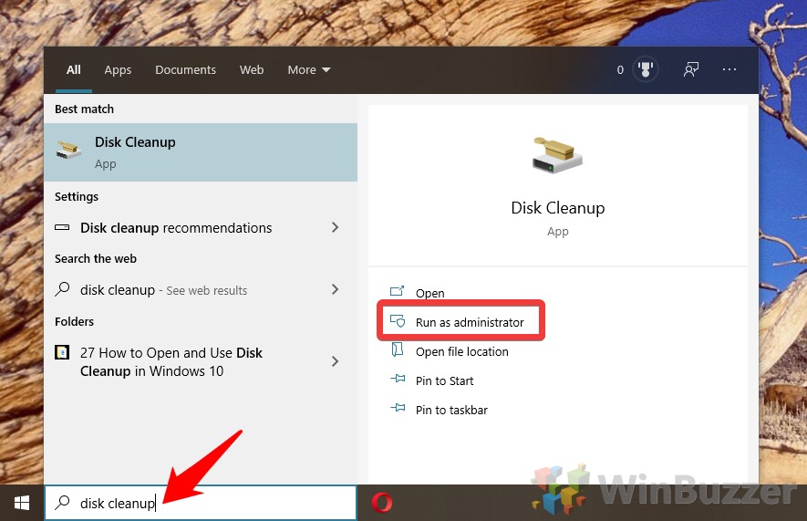 Windows 10 - Search - Disk cleanup - run as administrator