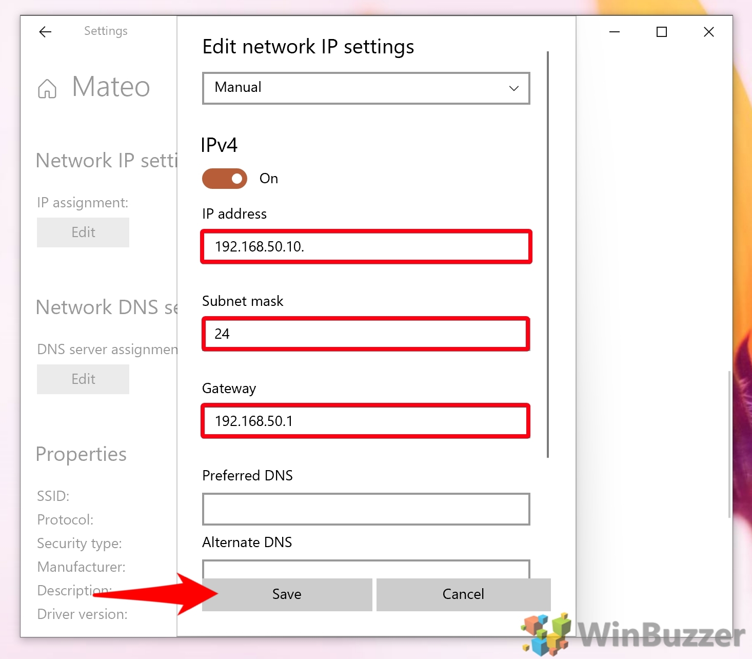 Windows 10 - Settings - Network & Internet - Wifi - Edit IP Assignment - Manual - Fill it