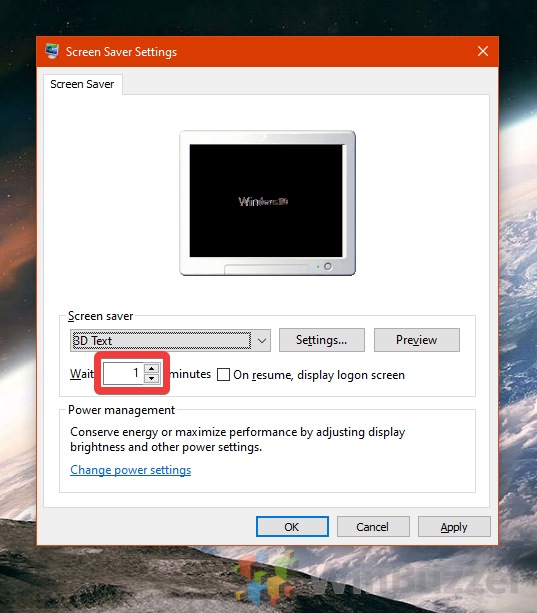 Windows 10 - Screen Saver Settings - Activation Time