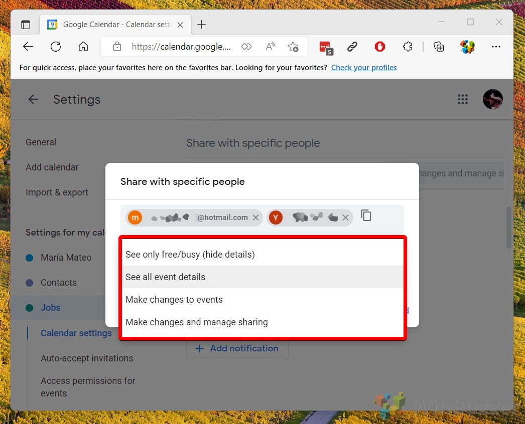 Windows 11 - Google Calendar - My Calendars - Settings & Shering - Share - Add email - Set Permissions