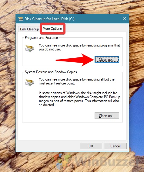 Windows 10 - Disk cleanup - run as administrator - cleanup system files - more options