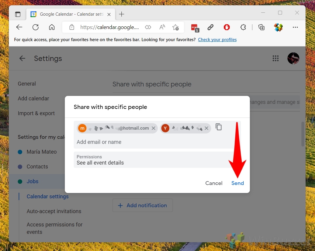 Windows 11 - Google Calendar - My Calendars - Settings & Shering - Share - Add email - Set Permissions - Send