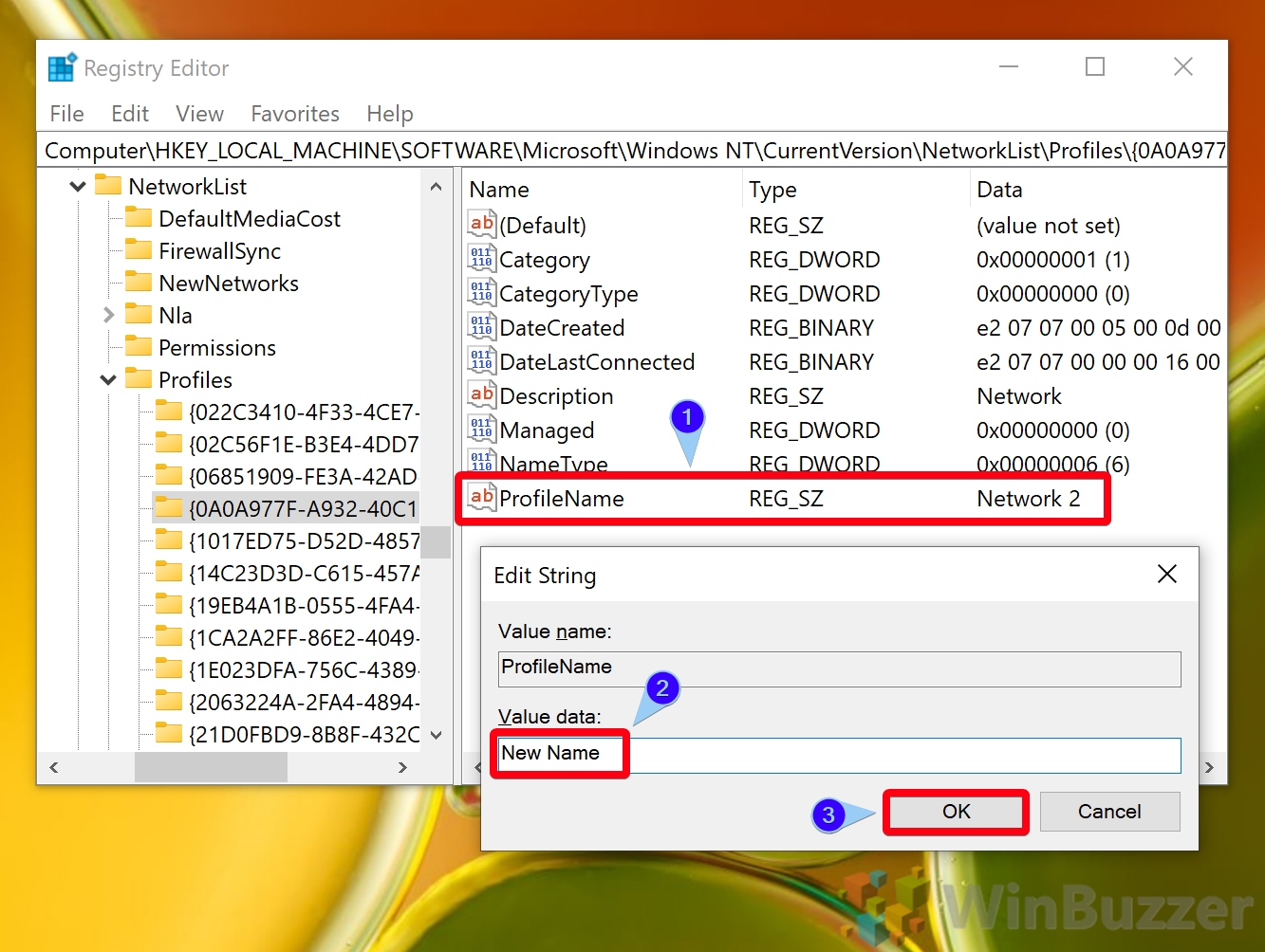 Windows 10 - Registry Editor - Go to the Path - Arrow Profiles - Click on Profile - ProfileName - Change Value Data - Accept