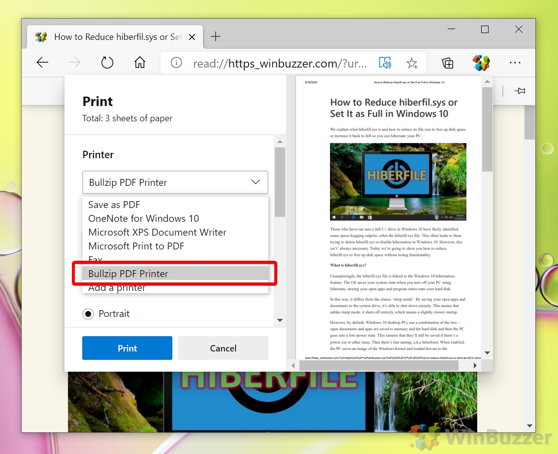 Windows 10 - Microsoft Edge - Print - Select Bullzip PDF Printer