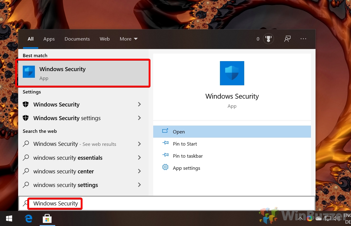 Windows 10 - Search - Windows Security
