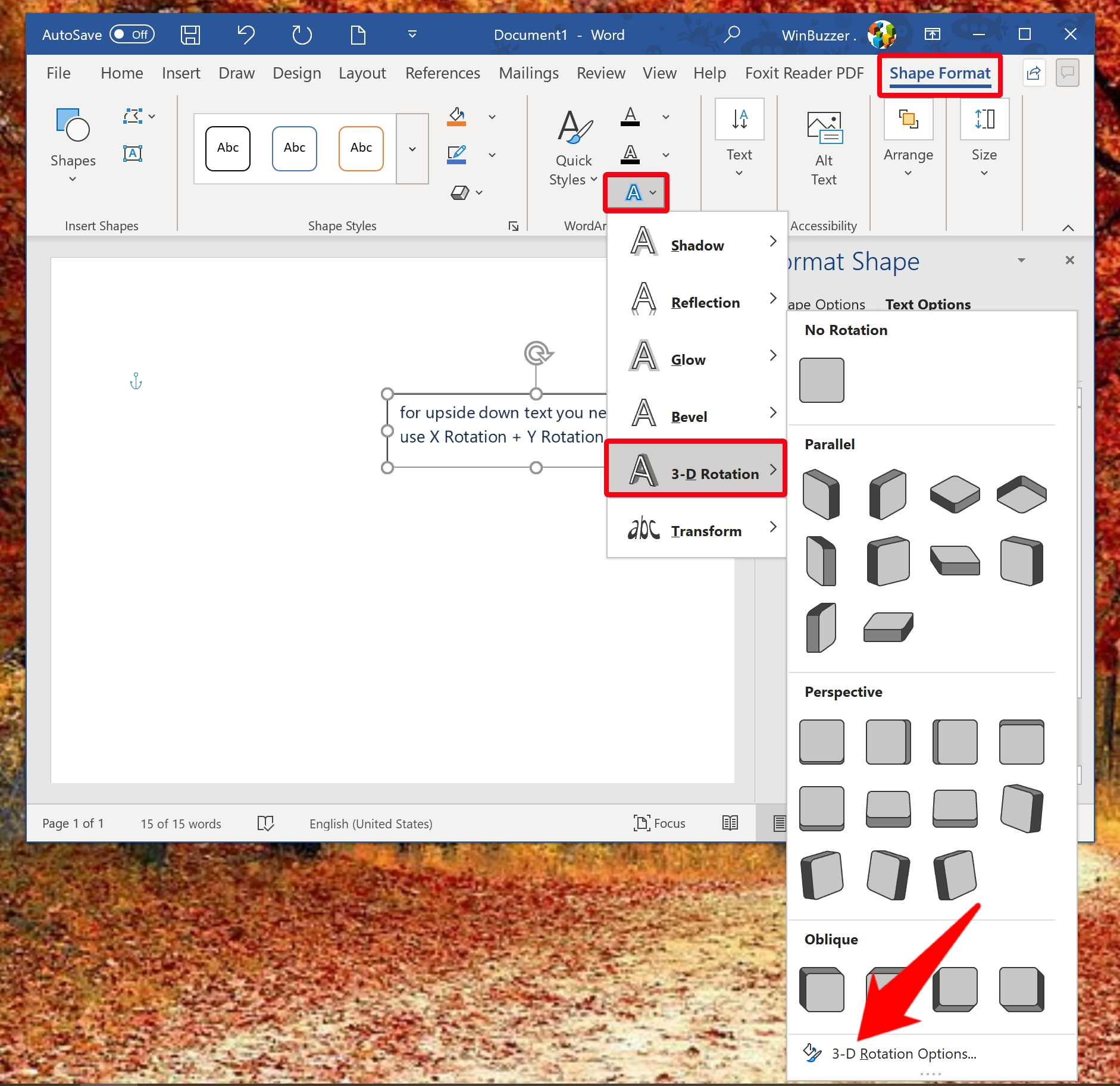 Windows 10 - Word - Text Box - Shape Format - Text Effects - 3-D Rotation Options