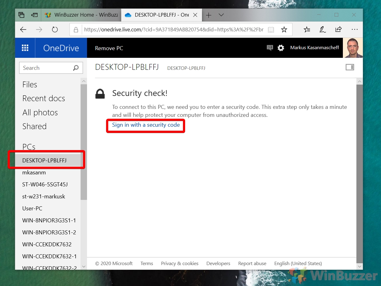 OneDrive Web-App - PCs - Select PC and Sign in with a security code