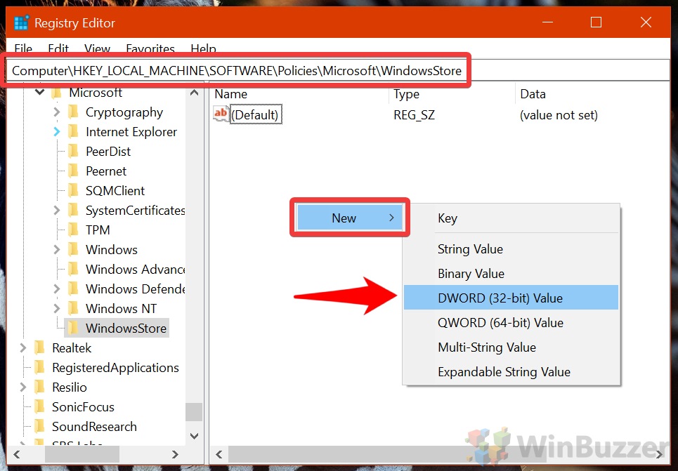 Windows 10 - Run - Registry Editor - Enter the HKEY - New DWORD