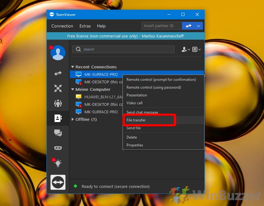 Windows 10 - Teamviewer - Access Online PC - Start File Transfer