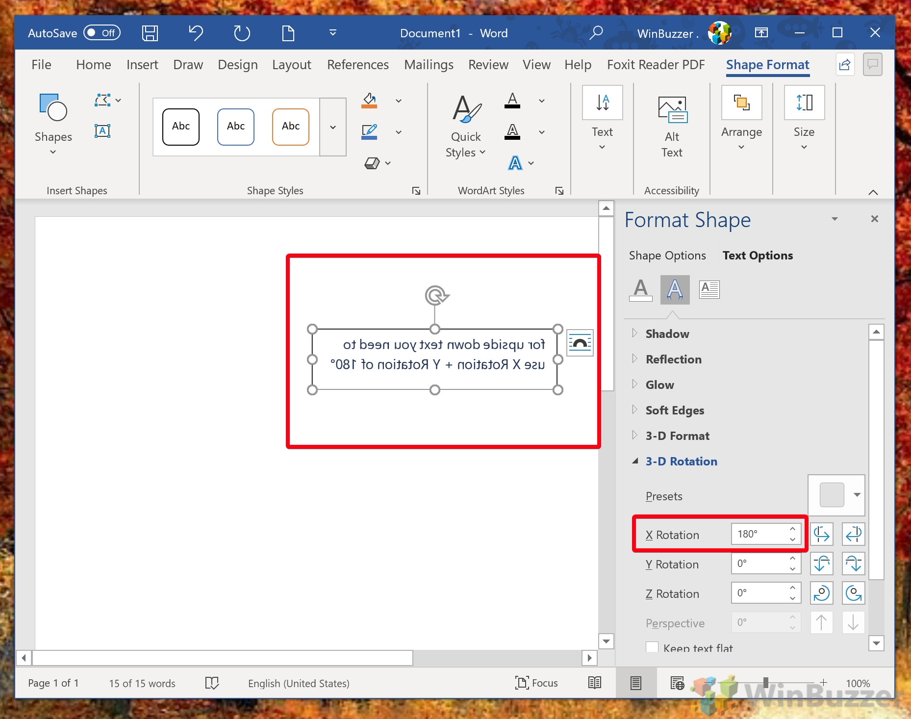 Windows 10 - Word - Text Box - Shape Format - Text Effects - 3-D Rotation Options - X Rotation 180º