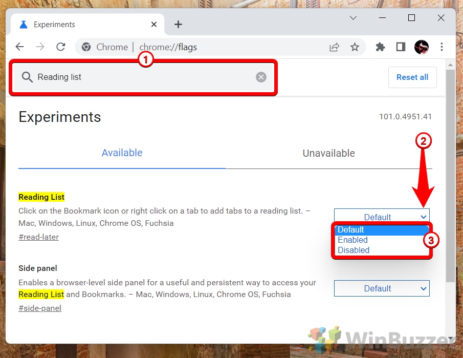 Windows 11 - Google Chrome - Flags - Reading List - Enable Disable